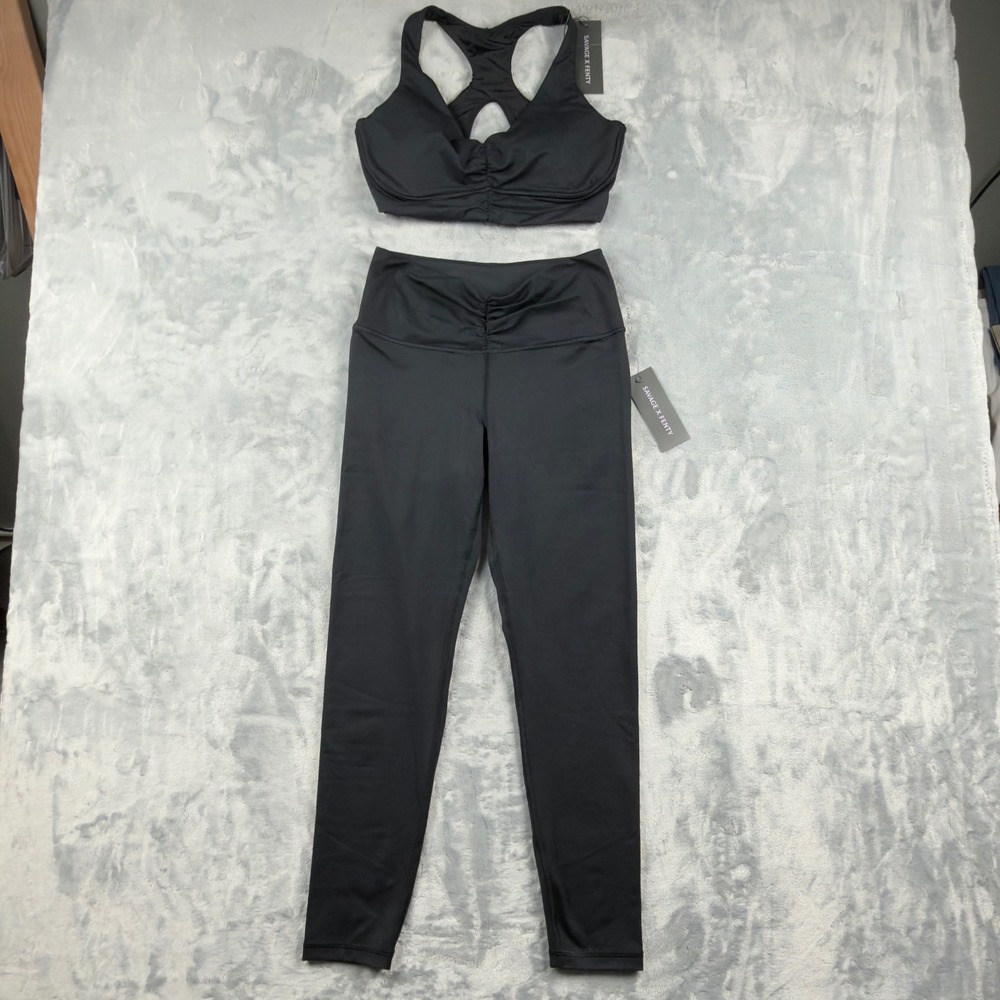 Savage X Fenty Sport Black Ruched Sports Bra and Leggings Set Small NWT
